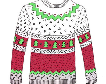 Cheesy Christmas Jumper Xmas Card - Christmas Tree Jumper Illustration