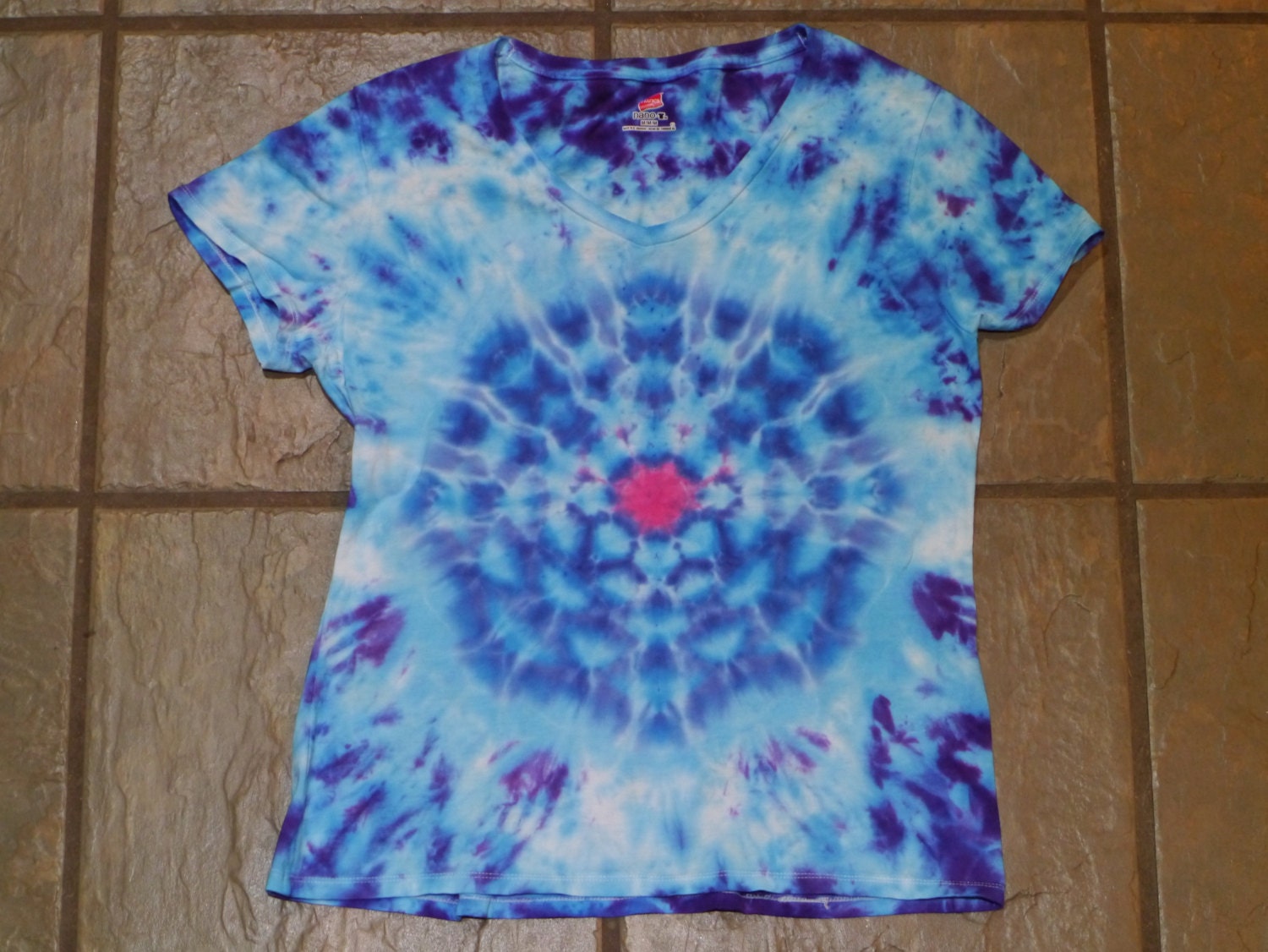 Lotus Tie Dyed Lotus Design in Shades of Blue Womens VNeck