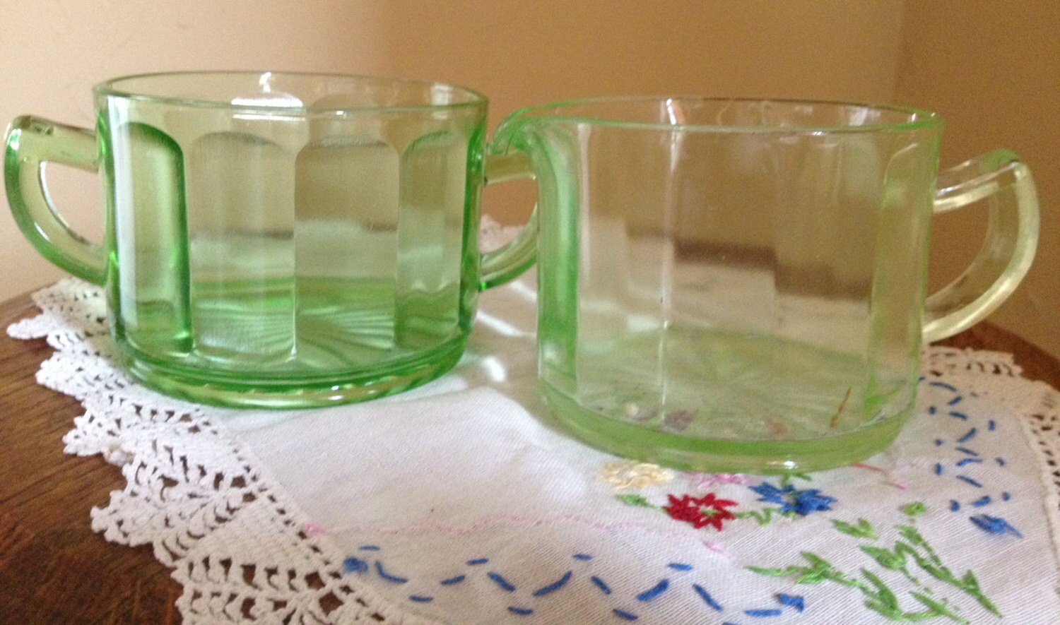 Vintage Green Depression Vaseline glass Sugar and Creamer set