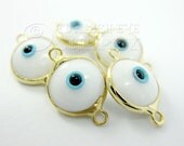 5 pc Glass Evil Eye Connectors Charms, White Glass Evil Eye Connector, Hand Made Mini Good Luck Connectors 22K Gold Plated Turkish Jewelry