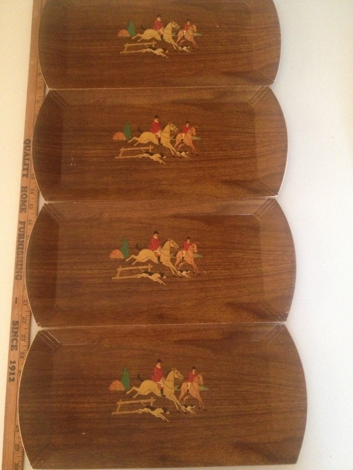 Set of 4 Vintage Wood Veneer Litho Fox hunt serving tray Made by HASKO