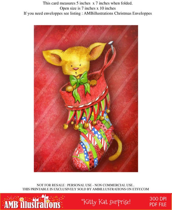 Printable Christmas cards DIY instant download - Cat surprise in stocking AMB-615 Il_570xn