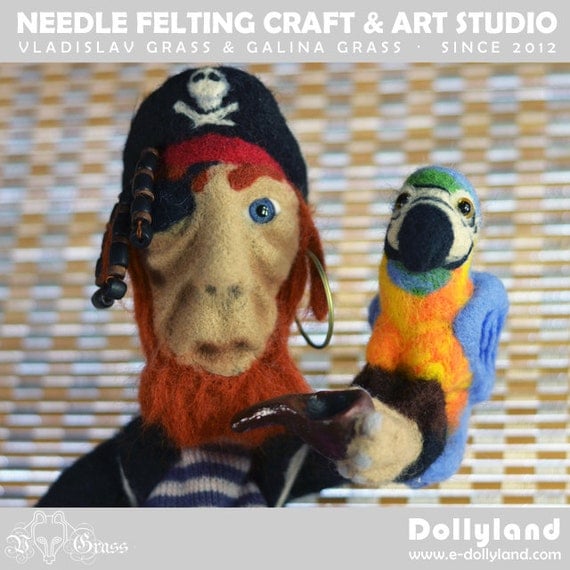 Captain Crochet Hook (miniature needle felted wool sculpture, OOAK handmade collectible)