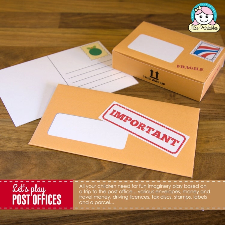 Printable post office set for children's pretend by MissPrintables