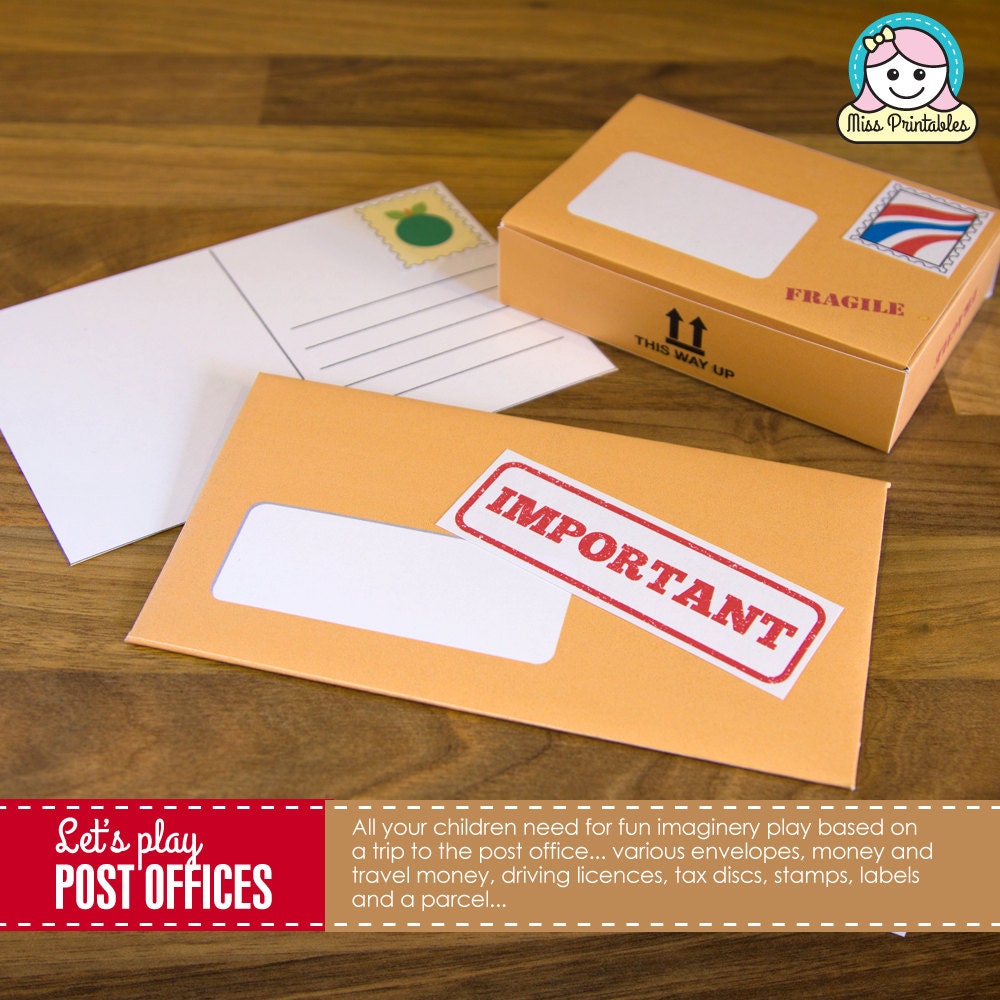 Printable post office set for children's pretend play