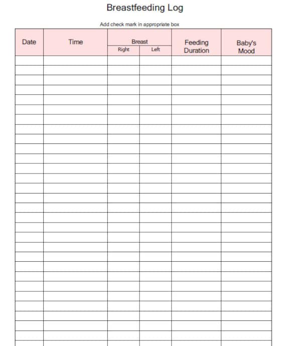 Fillable Breast Feeding Log Pink PDF Digital Health Forms