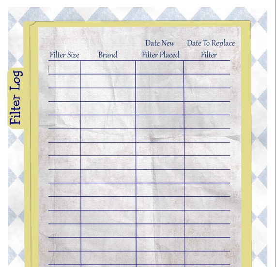 Home Filter Log / Home Organization / Printable / Instant