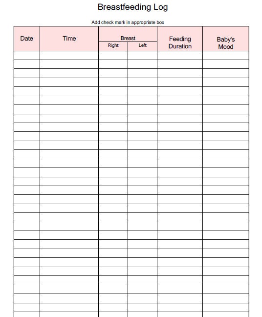 Fillable Breast Feeding Log Pink / PDF/ Digital Health forms/