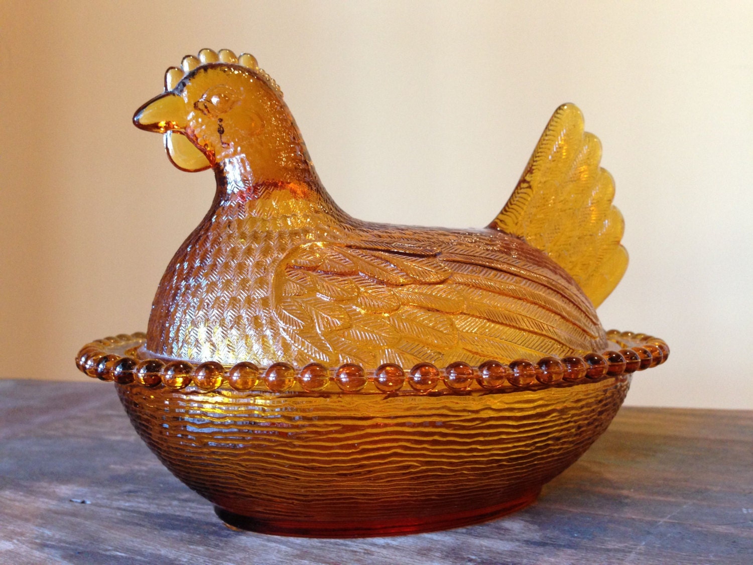 Vintage Glass Chicken Dish Amber Nesting Hen Covered Candy