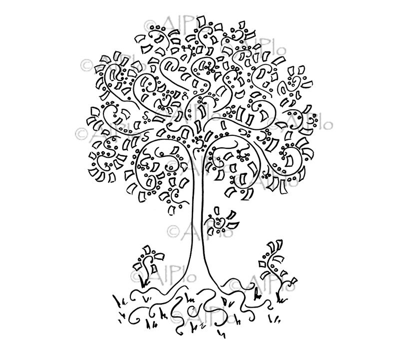 Digital money tree coins dollars floral landscape drawing