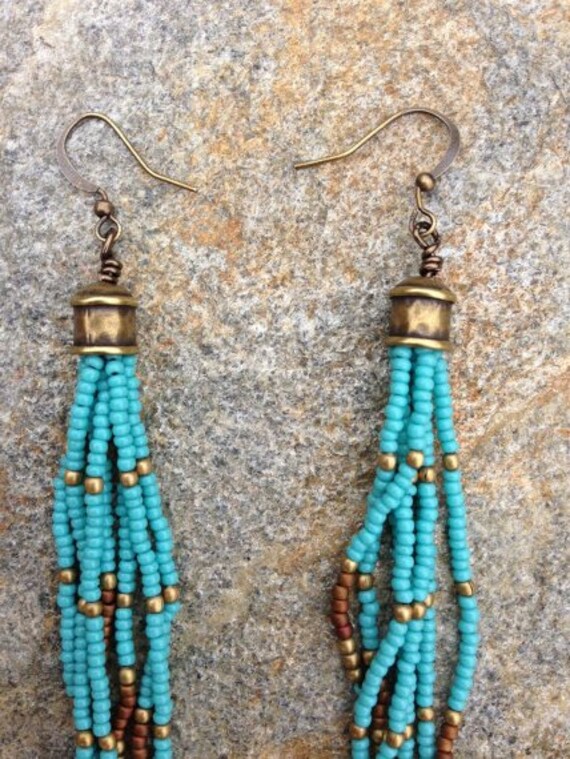 Turquoise Seed Bead Earrings Long Seed Bead Earrings Boho