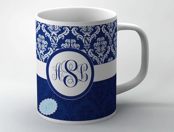 Personalized coffee mug with  blue damask monogram on to white ceramic cup - monogrammed mug