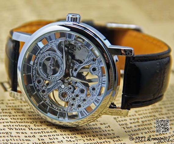 Mens Steampunk Watch Skeleton Mechnical Wrist Watch by Romegrace