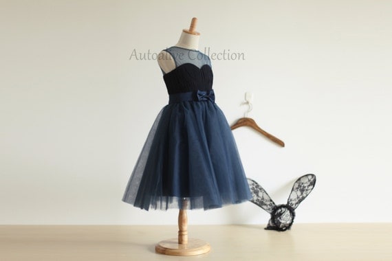 Navy Blue Tulle Chiffon Flower Girl Dress Infant Toddler PAGEANT Bridal Party Dress