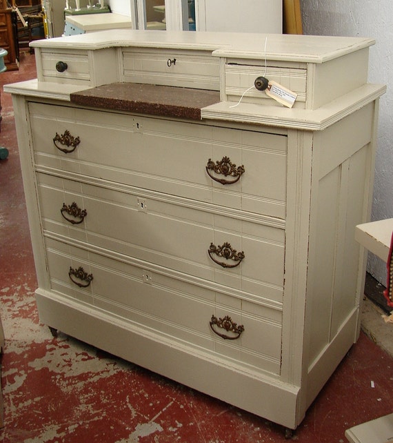 Antique Cream Painted Bachelors Chest Dresser w Marble