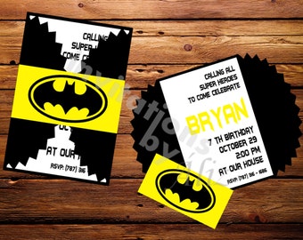 Batman inspired Invitations. Super hero invitations Handmade invitations. Personalized invitations.