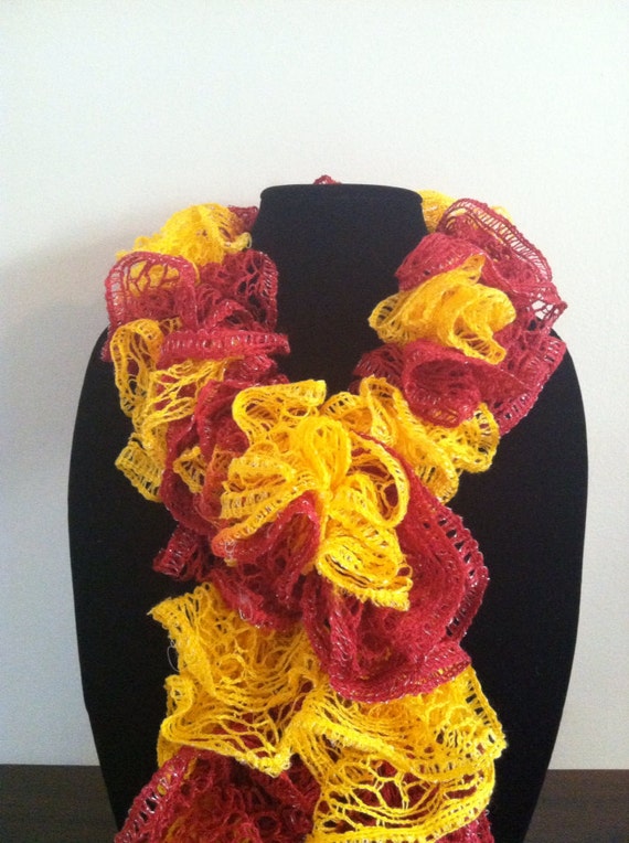 Burgundy and Gold Ruffle Knit Scarf Washington by DistrictKnitter