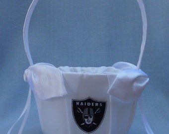 Wedding Ring Bearer Pillow, Flower Girl Basket, Bridal Garter Set - Oakland Raiders Sports Football Themed