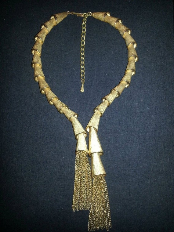 Gold Toned Mid Century Articulated Double Tassel Necklace 