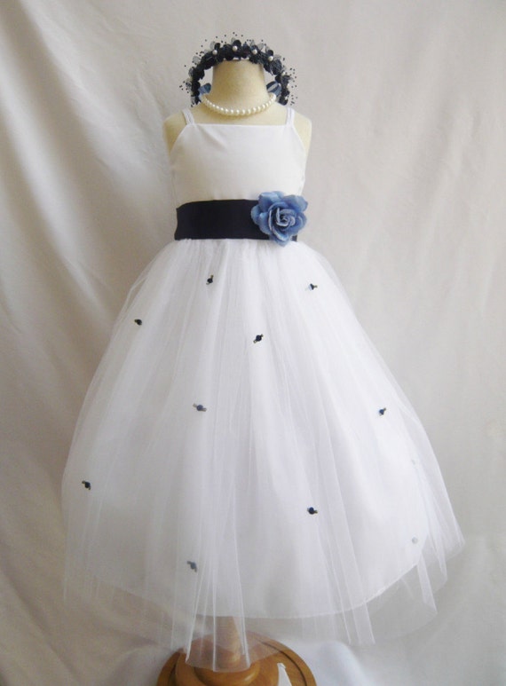 Flower Girl Dresses WHITE with Blue Navy by NollaCollection