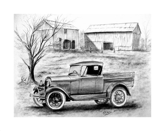 Ford Model T Graphite Pencil Drawing. Print from an Original