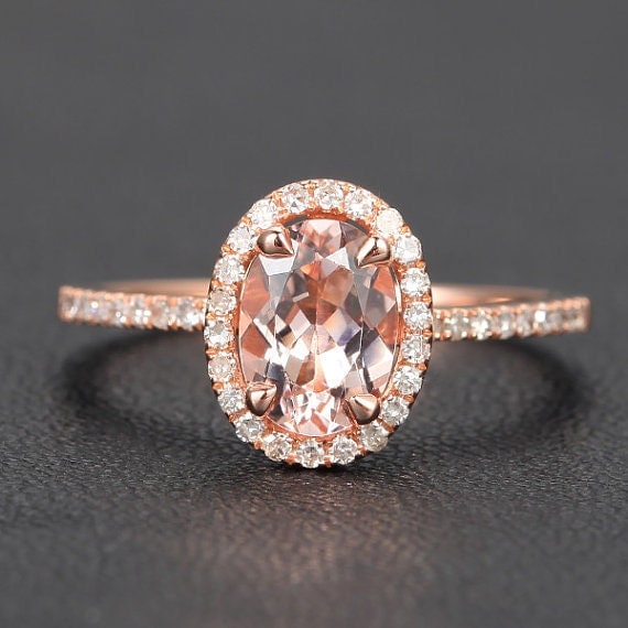 Solid 14K Rose Gold Oval 6x8mm Morganite Engagement Ring .26ct Diamond Halo Morganite Ring, 14k White Gold/Yellow Gold metal available
