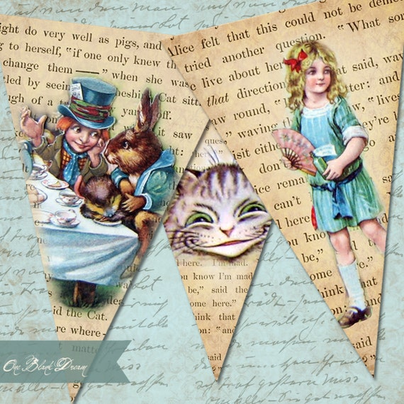 Alice In Wonderland Grunge Printable Banner Party Printable Digital Collage Sheet Instant Download
