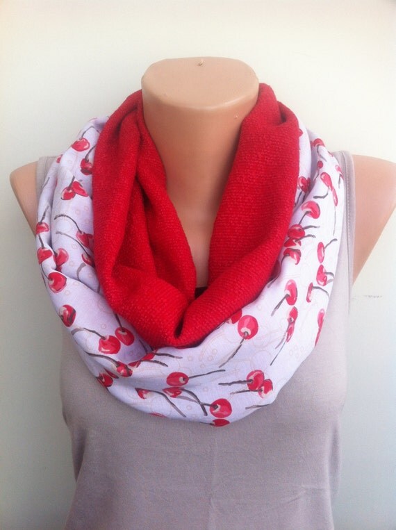 Red Cherry Infinity Scarf, Women's Scarf, Red Loop Scarf, Cherry Scarf ...