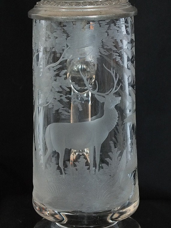 Antique German Etched Glass Beer Stein Antique & Collectable Drinking