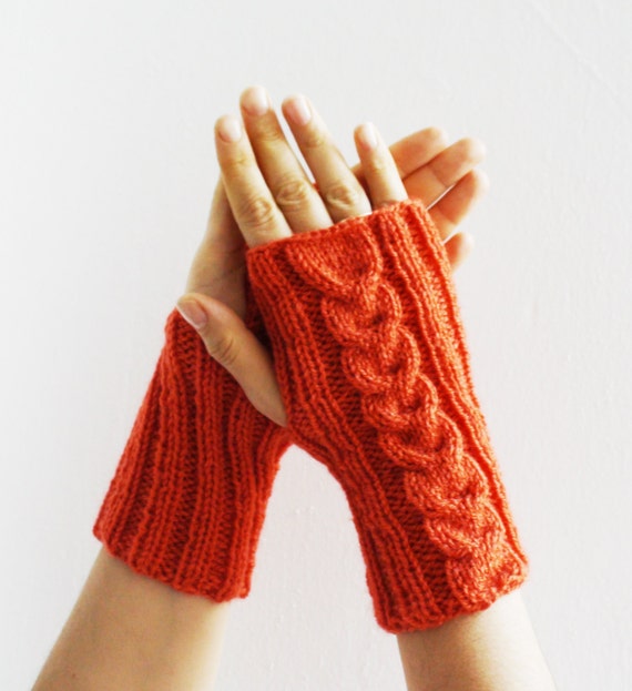 Orange knitted gloves ,mittens , Halloween Accessory, Winter accessory ...