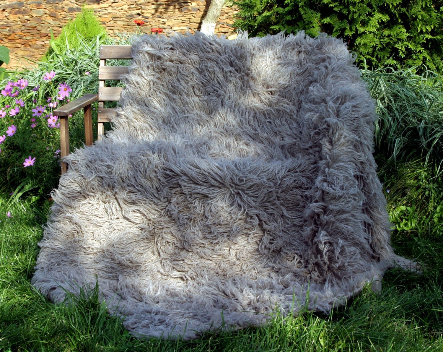 Large Vintage Shaggy Wool Rug authentically handwoven natural
