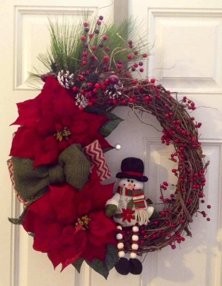 Snowman Berry Twig Wreath with Poinsettias