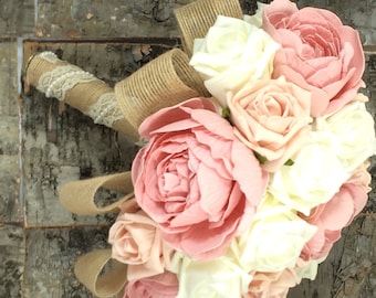 Wedding bouquet shabby chic, rustic, ivory and peach roses with dusky pink peonies. burlap and lace made to order