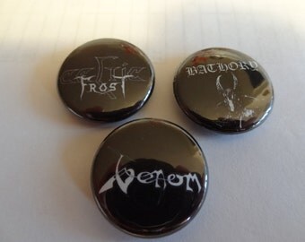 Three old school black metal pins Bathory Venom Celtic Frost pinback button