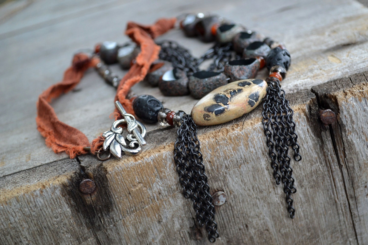 Fossil stone necklace Beaded black chain necklace by JeSoulStudio