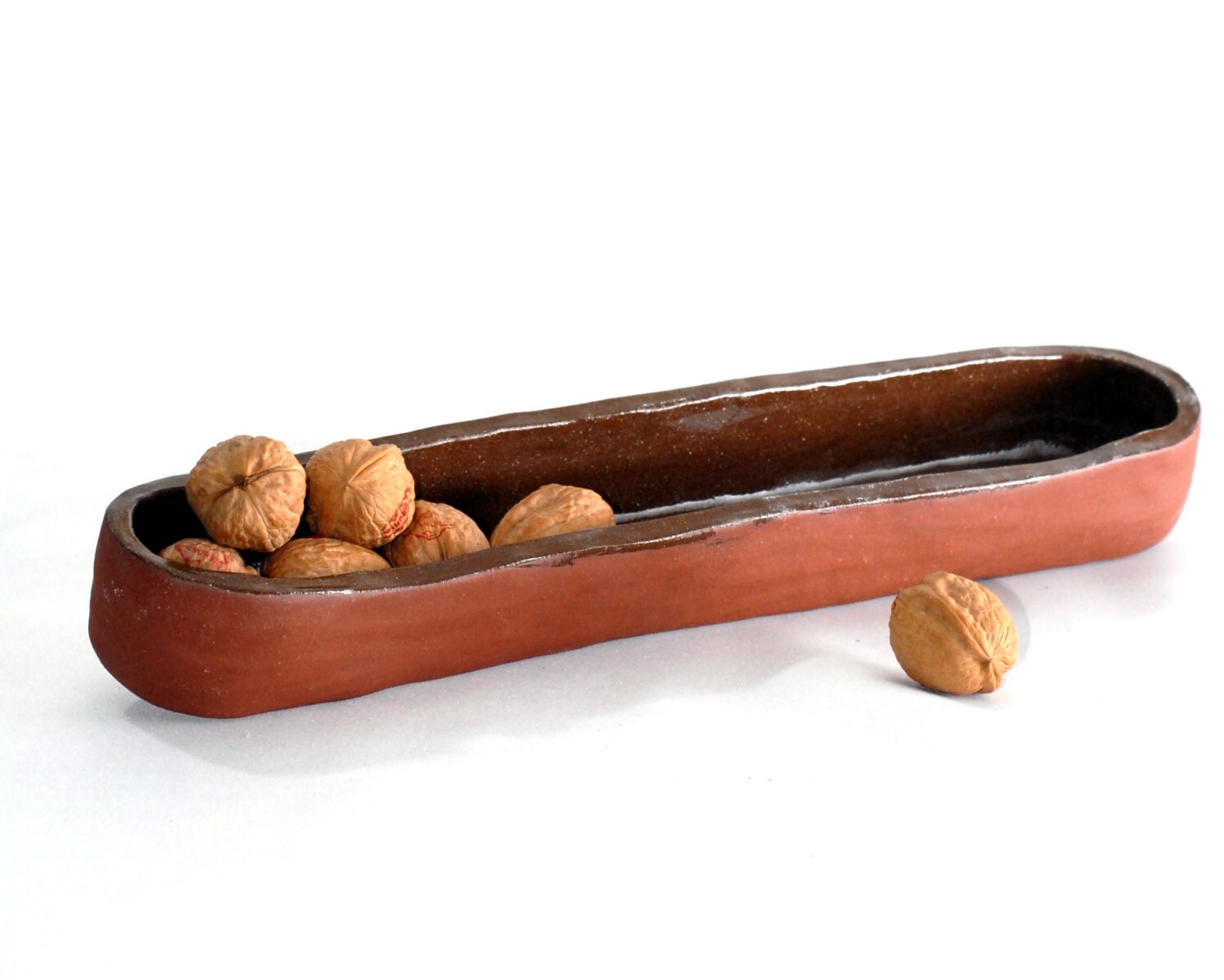 Brown long and narrow ceramic serving bowl by hamutalbenjoceramics