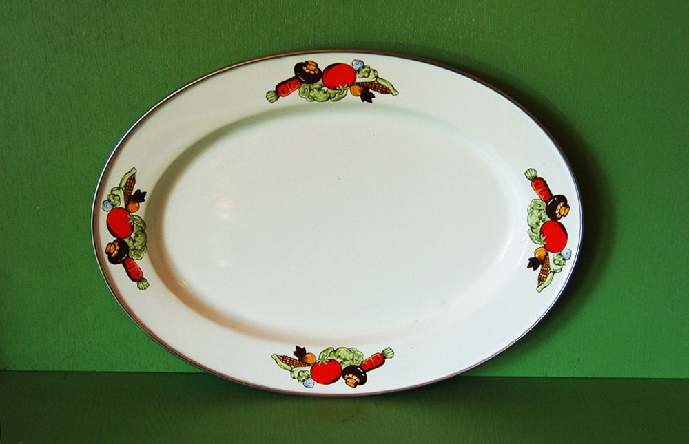 Ivory Enamelware Platter, Vintage Enamel Vegetable Platter, Turkey