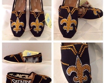 New Orleans Saints womans shoes, custom bling Toms, hotfix rhinestones ...