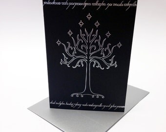 Lord of the Rings inspired greeting card, decorated with foil Tree Of Gondor and Elvish characters, Tolkien. Size A6.