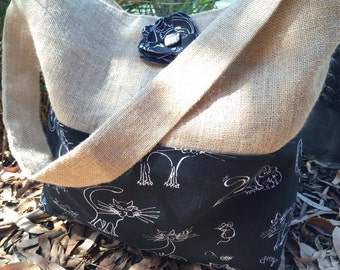 Large Hessian tote bag with a contr asting black  white cat fabric ...