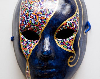Blue masquerade mask men and women. Venetian carnival, costume party, carnivale. Mardi Gras, halloween masks. Full face paper mache painted