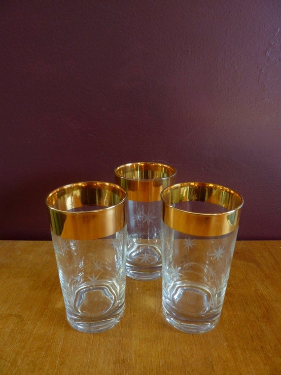 Gold Trio Vintage Drinking Glasses With Gold Rim And Etched 2484