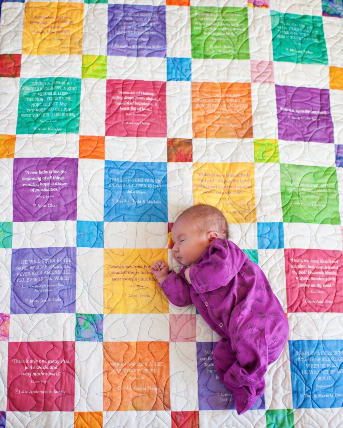 Handmade Baby Quilt with fun quotes from family and friends