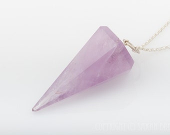 Amethyst Pendulum Pendant, crystal point, diamond, february birthstone, purple, sterling silver