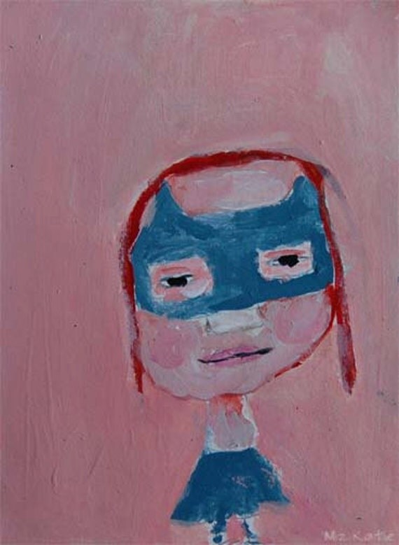 Acrylic portrait painting, Little Girl, Blue Kitty Masquerade Mask, Original, Watercolor Paper