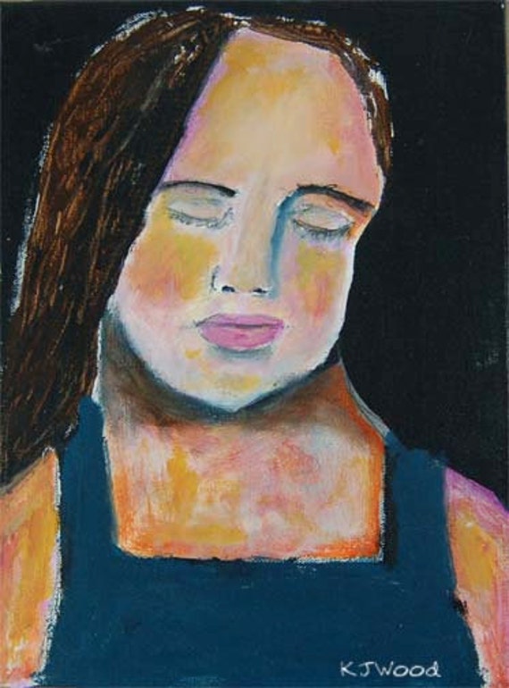 Acrylic Portrait Painting on Canvas, In Your Dreams, Black, Payne's Gray, Dark, Girl, Eyes Closed, Original 9x12 Canvas