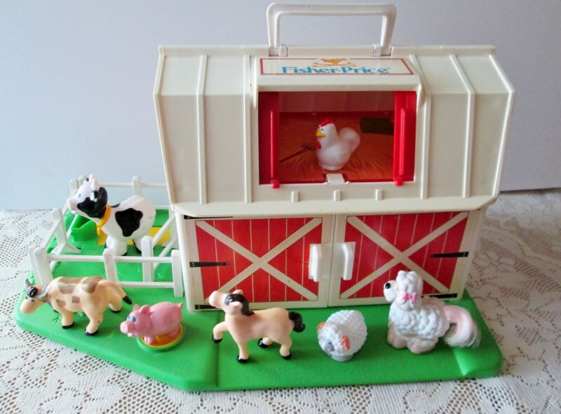 Fisher Price Play Family Farm 1990 Barn Fence and Animals