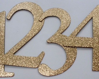 4" Wedding Table Numbers - GLiTTER Top Coat CHiPBOARD - Elegant Font - Color Choice: SAND GOLD Shown