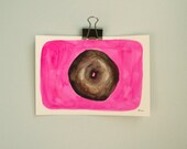 5x7 Chocolate Glazed Donut on Neon Pink Original Watercolor Painting
