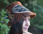 Felt Pixie Lace Leaf Leather Hat With Swirls Spirals Feathers Crocheted Flowers And Brass Ornament OOAK